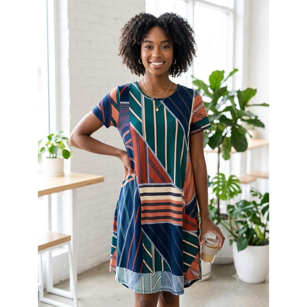 LuLaRoe XS Dress Short Sleeve High Low Swing Shift Geometric Stripe Colorblock - Picture 1 of 7